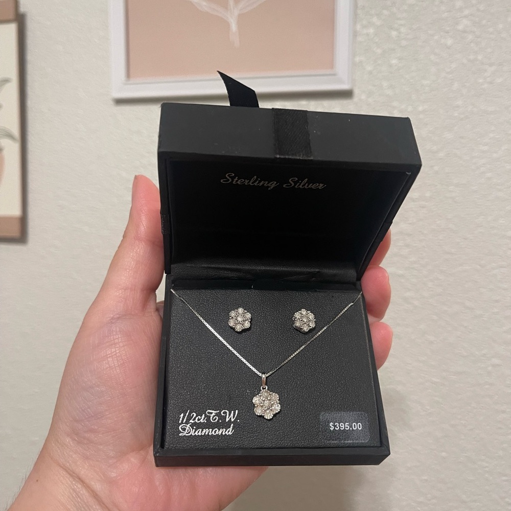 1/2 CT TW Sterling Silver Necklace & Earring Set